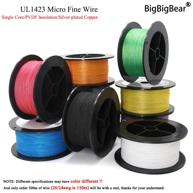 

5/10/50M UL1423 PTFE Silver Plated Copper Wire 38/36/34/30/28/26AWG Micro Fine High Temperature Electronic DIY Single Core Cable