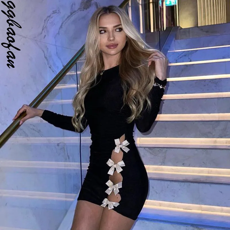 

Сексуальное облегающее элегантное женское мини-платье Ggbaofan с круглым вырезом и Боковым Разрезом, обтягивающее осеннее короткое платье с длинным рукавом