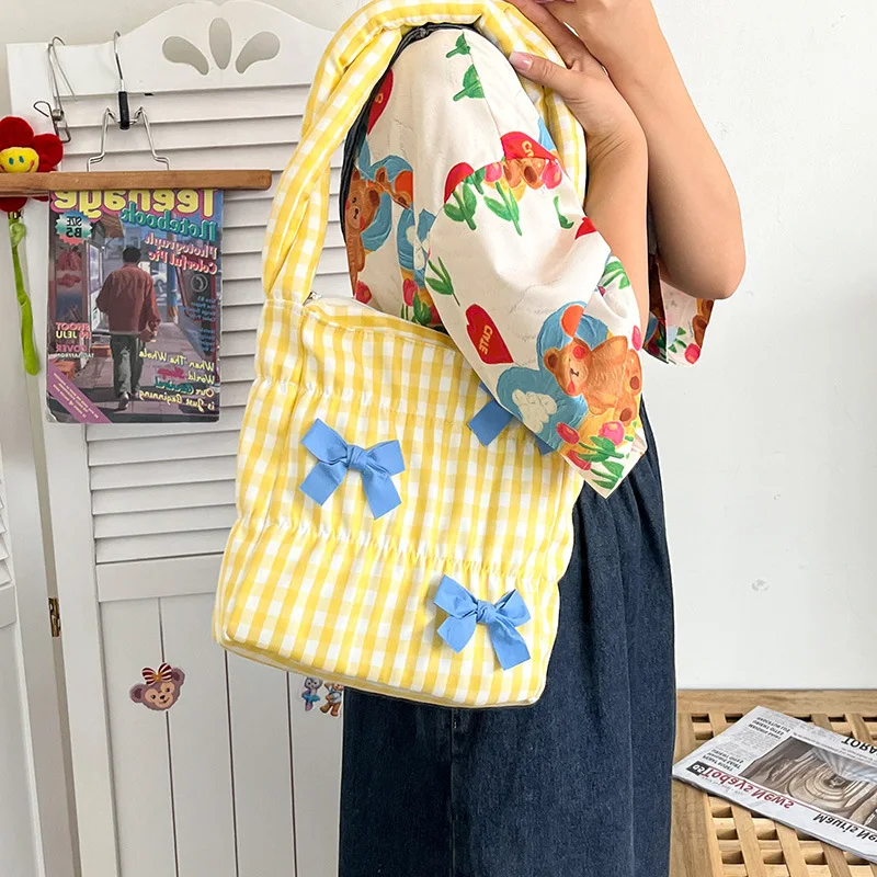 

HAEX Kawaii Plaid Girls Shoulder Bag 2022 Fashion Japanese Casual Nylon Soft Bag Female Harajuku Bow New Trend Daily Bolso Mujer