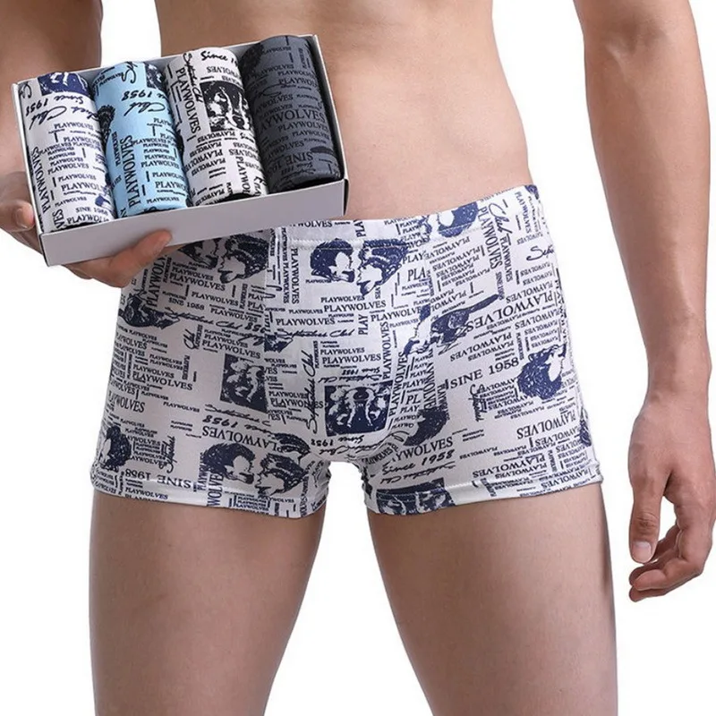 4pcs Mens Boxer Cotton Boxer Underwear Men Boxers Mens Underpants Male Panties Breathbale Shorts U Convex Pouch Printing Boxers