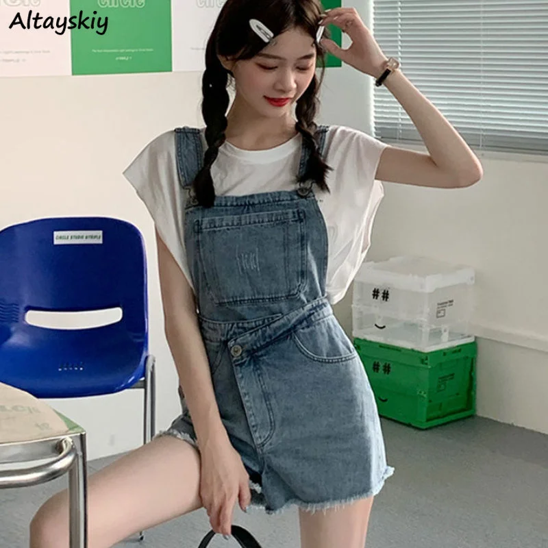 

Denim Rompers Women Ripped Solid High Waist Fashion All-match Pockets Students Summer Ulzzang Vintage Age-reducing