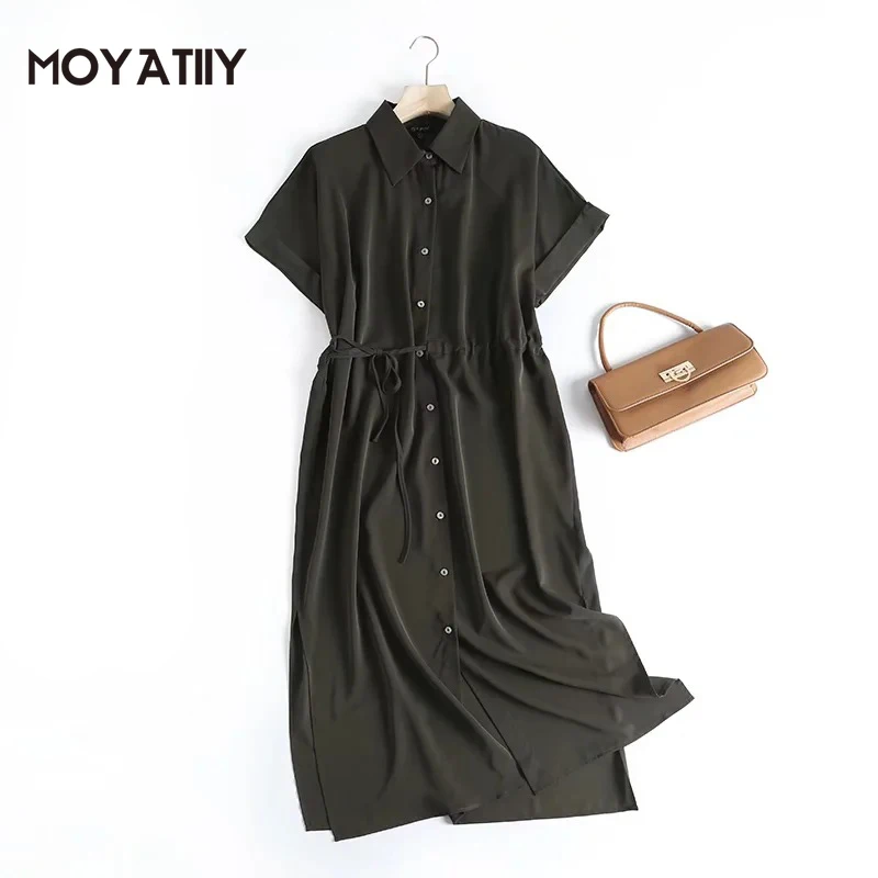 

MOYATIIY Women 2022 Fashion Summer Dress Vintage Elasstic Waist Midi Shirt Dresses with Lace Short Wide Sleeve Female Vestidos