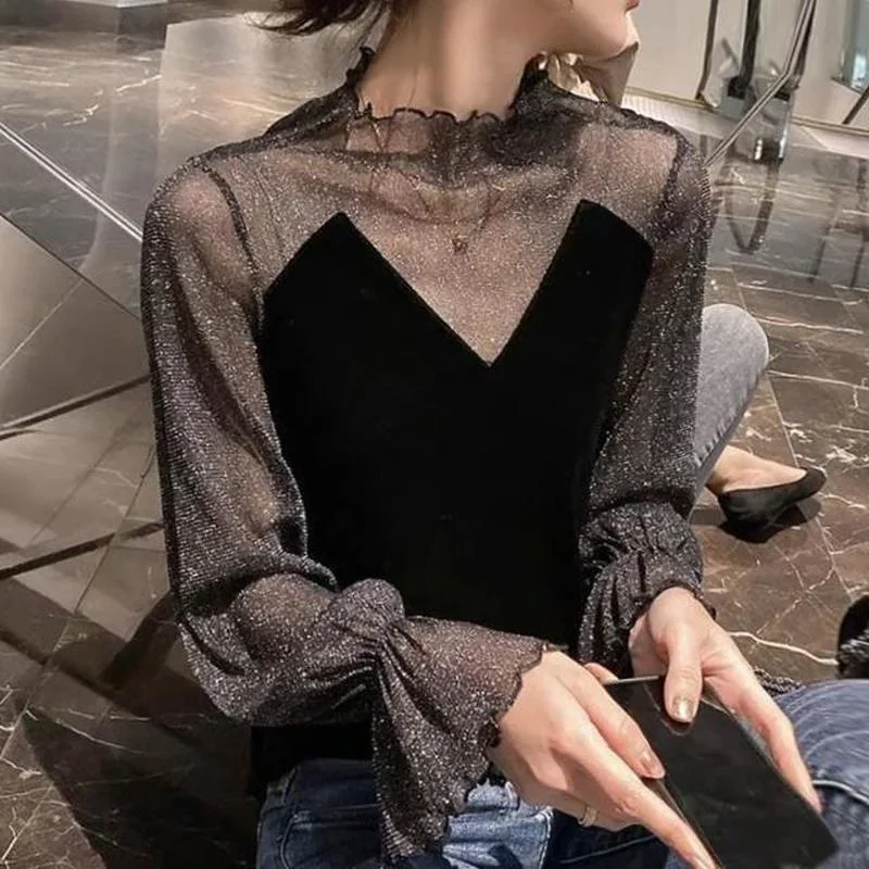 

2023 Fashion Sexy Blouse Women Women's Mesh Lace Velvet Loose Retro Top for Spring and Autumn Blusas Ropa De Mujer