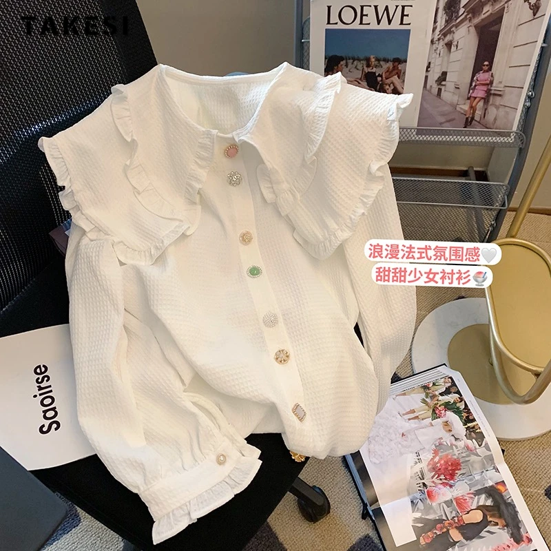 

French Elegant Peter pan Collar Solid Color Sweet Blouses 2023 Summer Women Edible Tree Fungus Casual Long Sleeve Chiffon Shirts