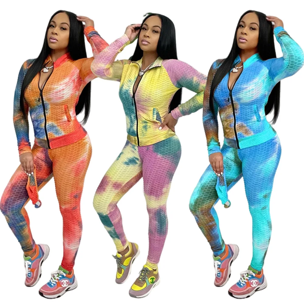 

Tie Dye Winter Tracksuit Women Sportwear 2 Pieces Sets Long Sleeve Zipper Up Top and Long Skinny Pants Waffle Pattern Clothes