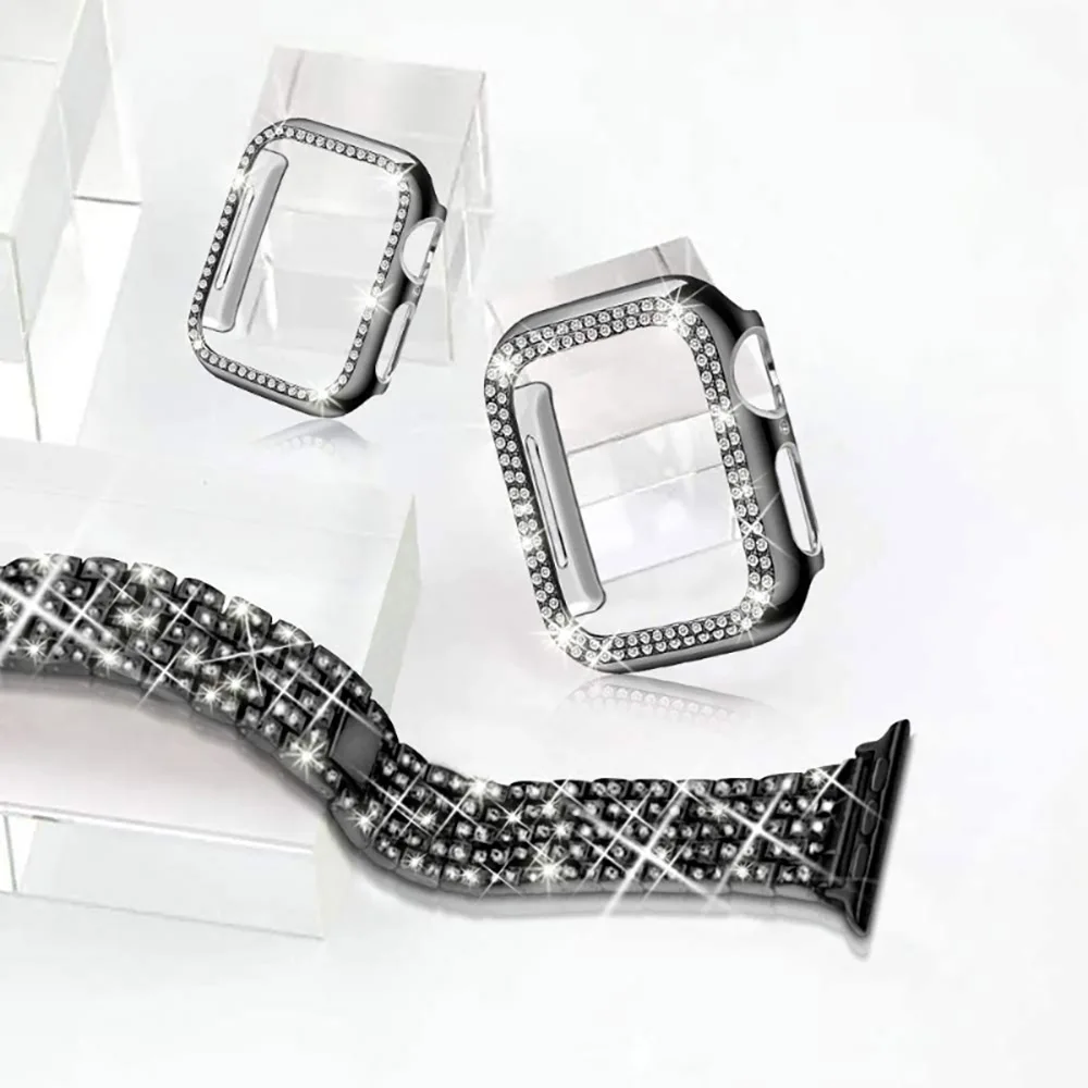 Women Strap with Case For Apple Watch 45mm 41mm 44mm 42mm 40mm 38mm Metal Diamond Bracelet Wristband for iWatch 8765432 SE Cover