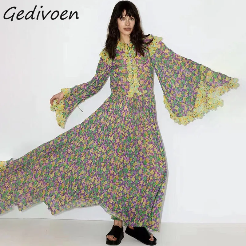 Gedivoen Fashion Runway dress Summer Women's Dress Ruffled Collar Flare Sleeve Ruffled Flower Printing Casual Vacation Dresses