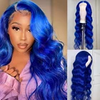 Парик для косплея Kryssma с голубыми кружевами, Длинные свободные синтетические волосы с глубокой волной, без клея, термостойкие волосы из волокна, 26 дюймов