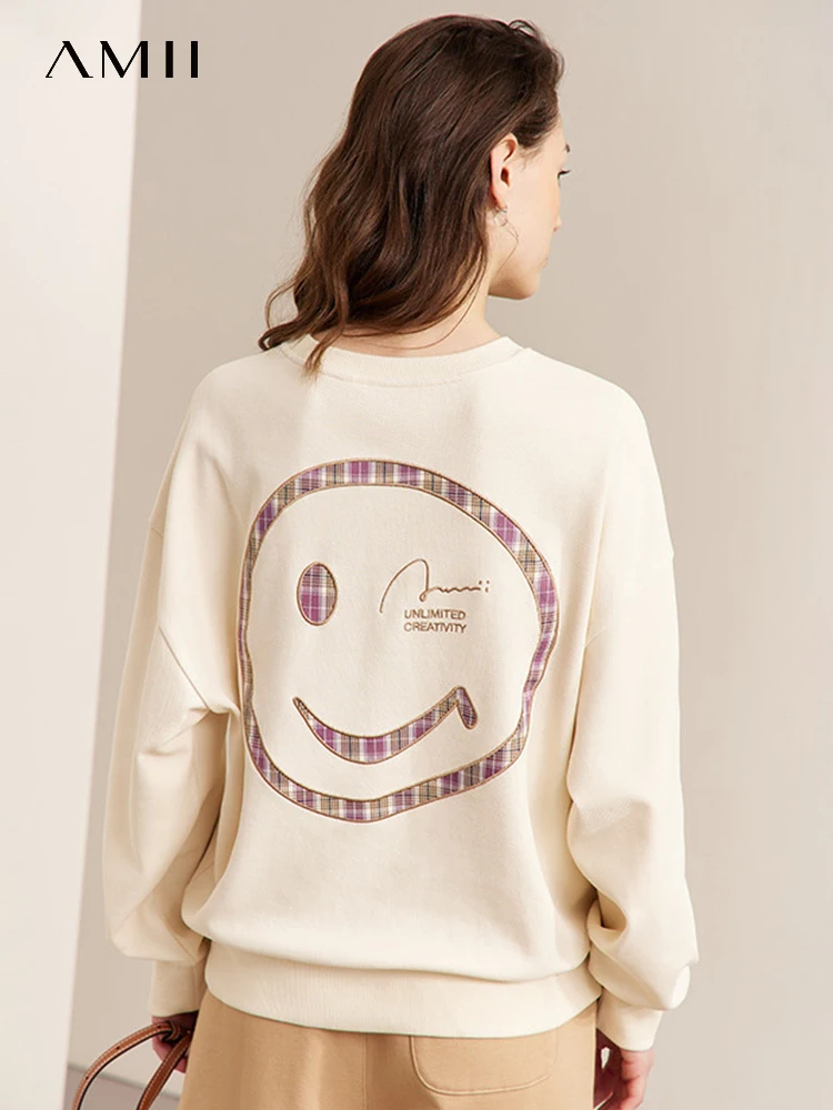 

AMII Minimalism Women's Top 2023 Spring Y2k Clothes Women Smile Embroidery Loose Sweatshirt Female Casual Pullovers 12341131