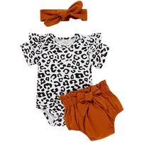 Fashion Newborn Toddler Baby Girls Clothes Sets Summer Leopard Print Flying Sleeve Top + PP Shorts + Headband 3pcs Outfit Set