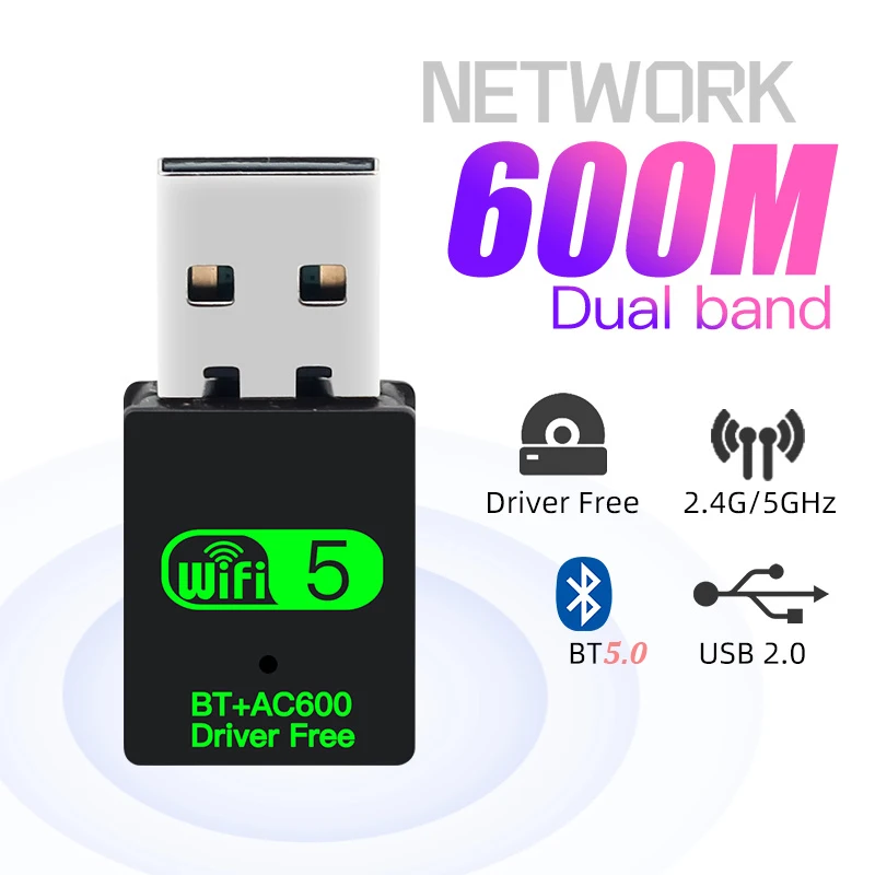 600Mbps USB WiFi Bluetooth 5.0 Adapter 2in1 Dongle Dual Band 2.4G&5GHz USB WiFi 5 Network Wireless Wlan Receiver DRIVER FREE