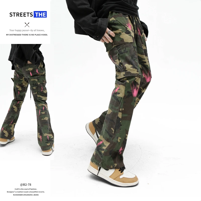 

Новинка 2023, мужские джинсы-карго камуфляжного цвета, мешковатые модные джинсовые брюки-ботинки для улицы, уличная одежда в стиле хип-хоп, мужские рабочие брюки