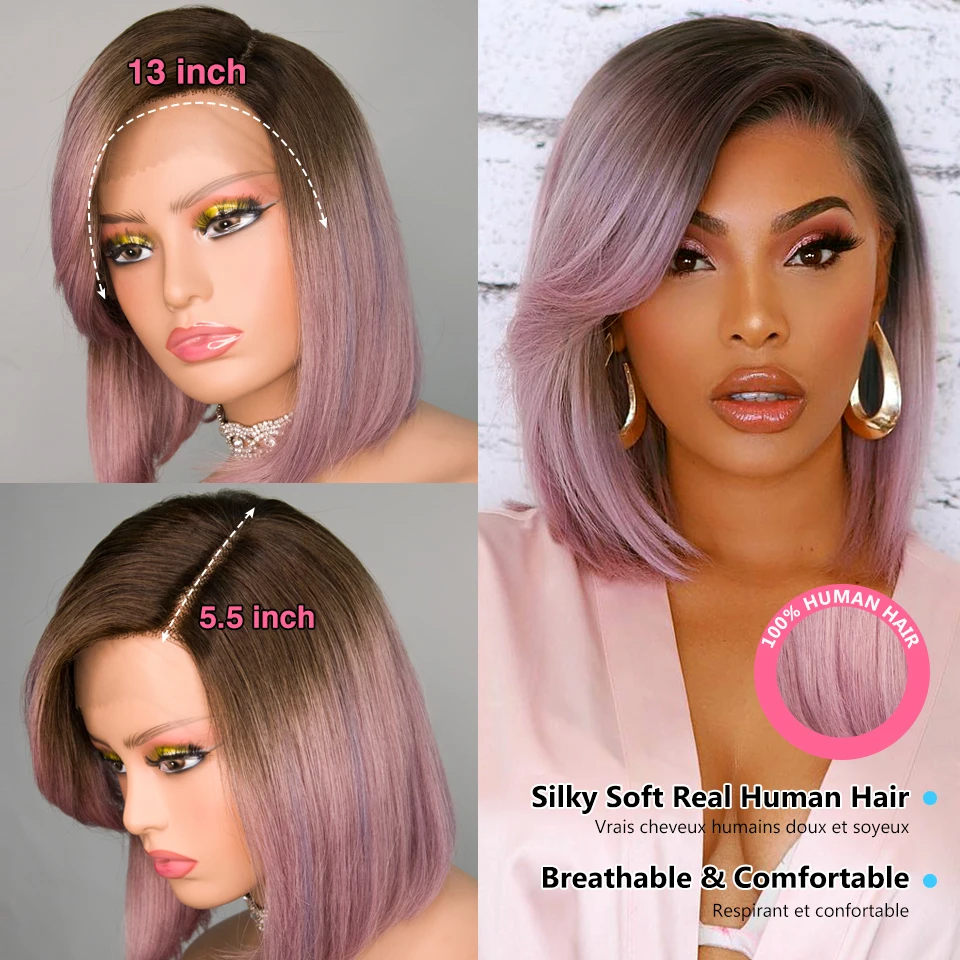 Purple Straight Bob Wig Brazilian Lace Part Human Hair Wigs For Women HD Highlight Wig Glueless Lace Front Wig With Bangs  DEBUT