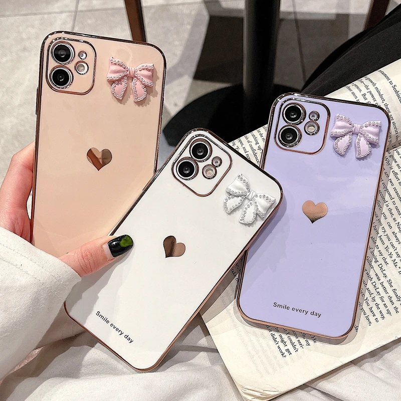 

Soft Love Heart Bowknot Phone Case For iPhone 11 12 13 Pro Max XS X XR 7 8 Plus SE 2020 Mini Bumper Back Cover
