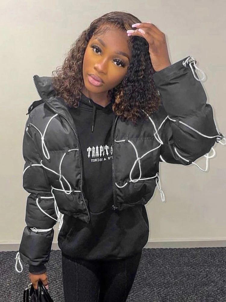 

Sisterlinda Reflective Line Y2K Bubble Jackets Women Full Sleeve Turtleneck Hooded Zip Puffer Parkas Female Warm Tops Streetwear