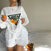 ws 2022 spring womens new fashion shorts suit loose orange printed top casual sports shorts suit spring and autumn two piece se