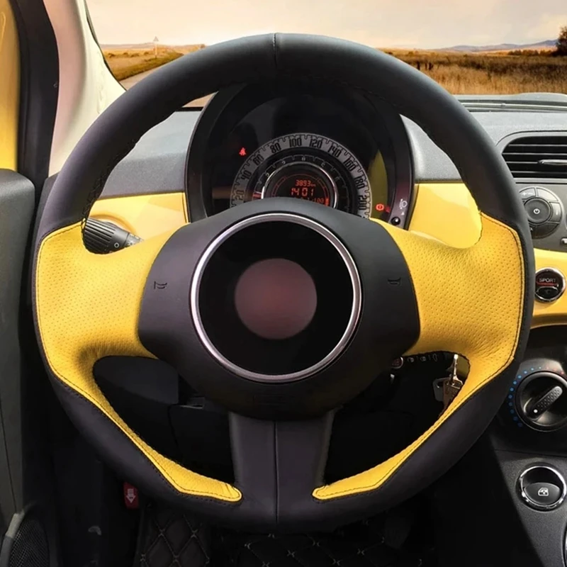 

Car Steering Wheel Cover Yellow Black Leather Anti-slip Comfortable For Fiat 500 2008-2012 Original Steering Wheel Braid