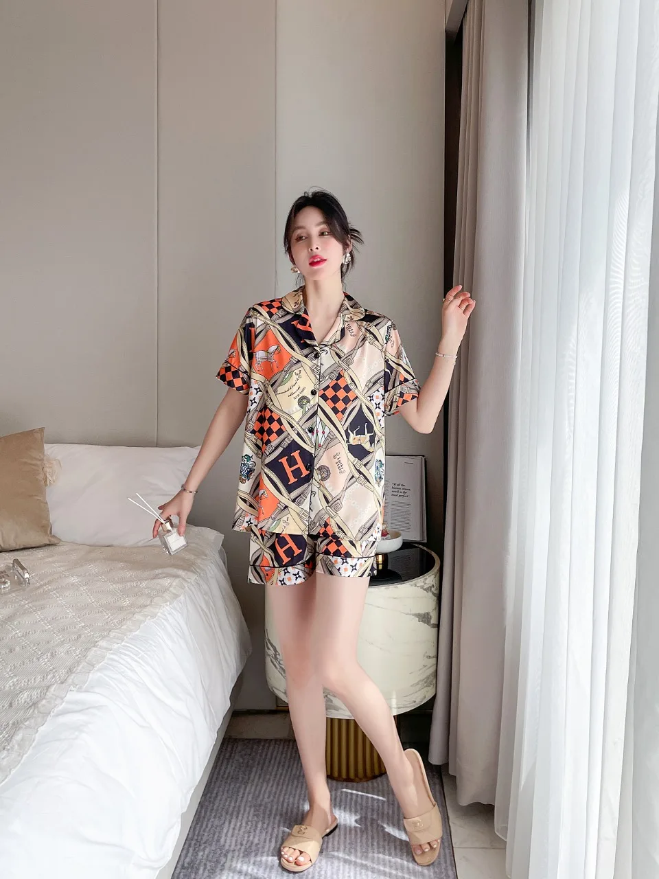 [Women's pajamas] [high-quality]New Pajamas Women's Summer Simulated Silk Fashion Printing Casual Comfortable Home Suit Set
