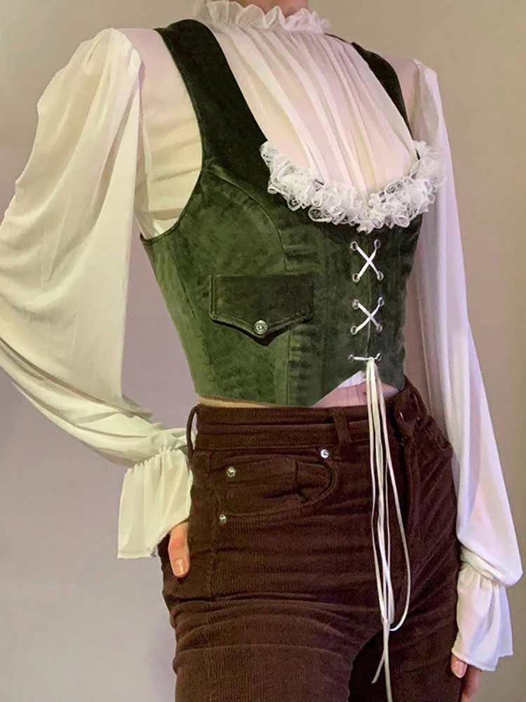 

Женский винтажный корсет в стиле гранж, топ в стиле ретро, готический бархатный бандажный топ с оборками, уличная одежда в стиле 90-х, 2022