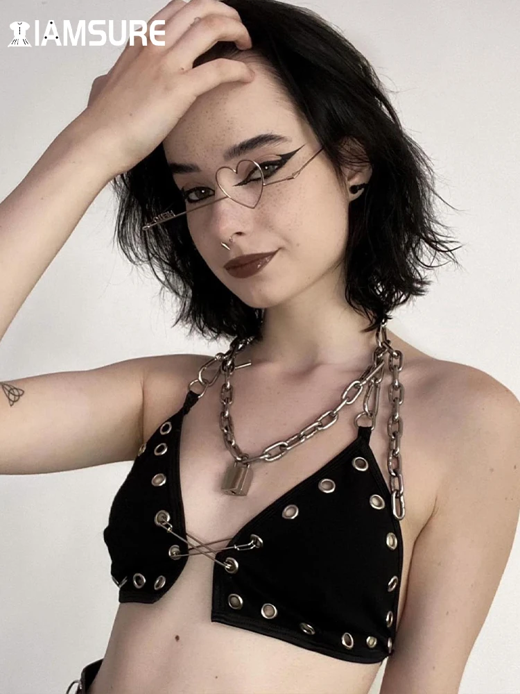 Топ IAMSURE женский с открытой спиной пикантная темная майка лямкой на шее