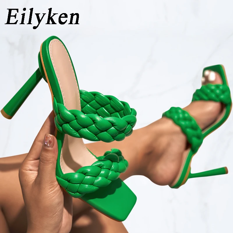 

Eilyken/пикантные зеленые плетеные шлепанцы; Женские летние босоножки на высоком каблуке-шпильке; Модная женская обувь с квадратным носком для стриптиза