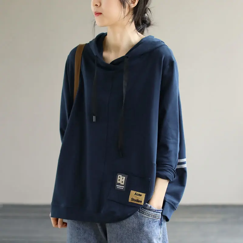 

t shirt Arrival Korean Style Women Loose Casual Patchwork Hooded Collar T Shirt All-matched Long Sleeve Cotton T-shirt