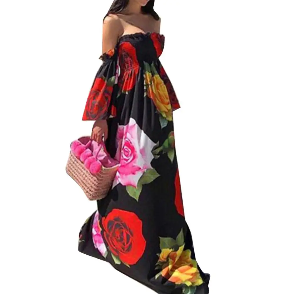 

Женское праздничное платье-макси в стиле бохо, праздничное платье с открытыми плечами, открытой спиной, Расклешенным рукавом и цветочным пр...