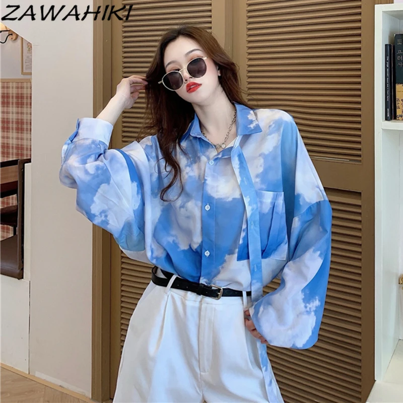 

Fashion Tie Dye Long Sleeve Turn-down Collar Spring Autumn Women Shirt Korean Loose Breasted Loose Casual Temperament Tops Mujer