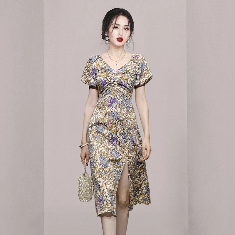 

Женское платье с цветочным принтом, элегантное шикарное модное повседневное вечернее платье с разрезом, лето 2022