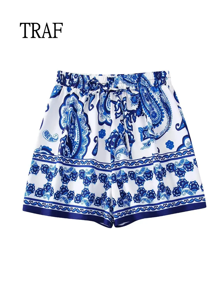 

TRAF Women Shorts 2022 Summer Print Elastic High Waist Shorts Woman Clothes Vintage Loose Vacation Casual Shorts Chic Short Pant
