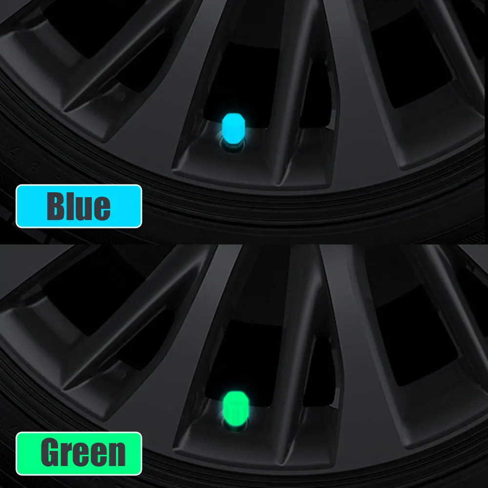 

4x Green Blue Universal Luminous Fluorescent Car Tire Valve Cover Illuminated Tire Valve Stem Cap Wheels Tires Parts Valve Caps