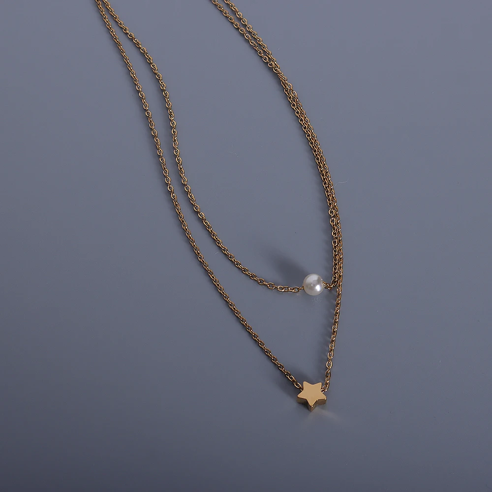 

Ins Style Five pointed Star Pendant Imitation Pearl Necklace Double layer Stainless Steel Women's Jewelry Wedding Party Gift