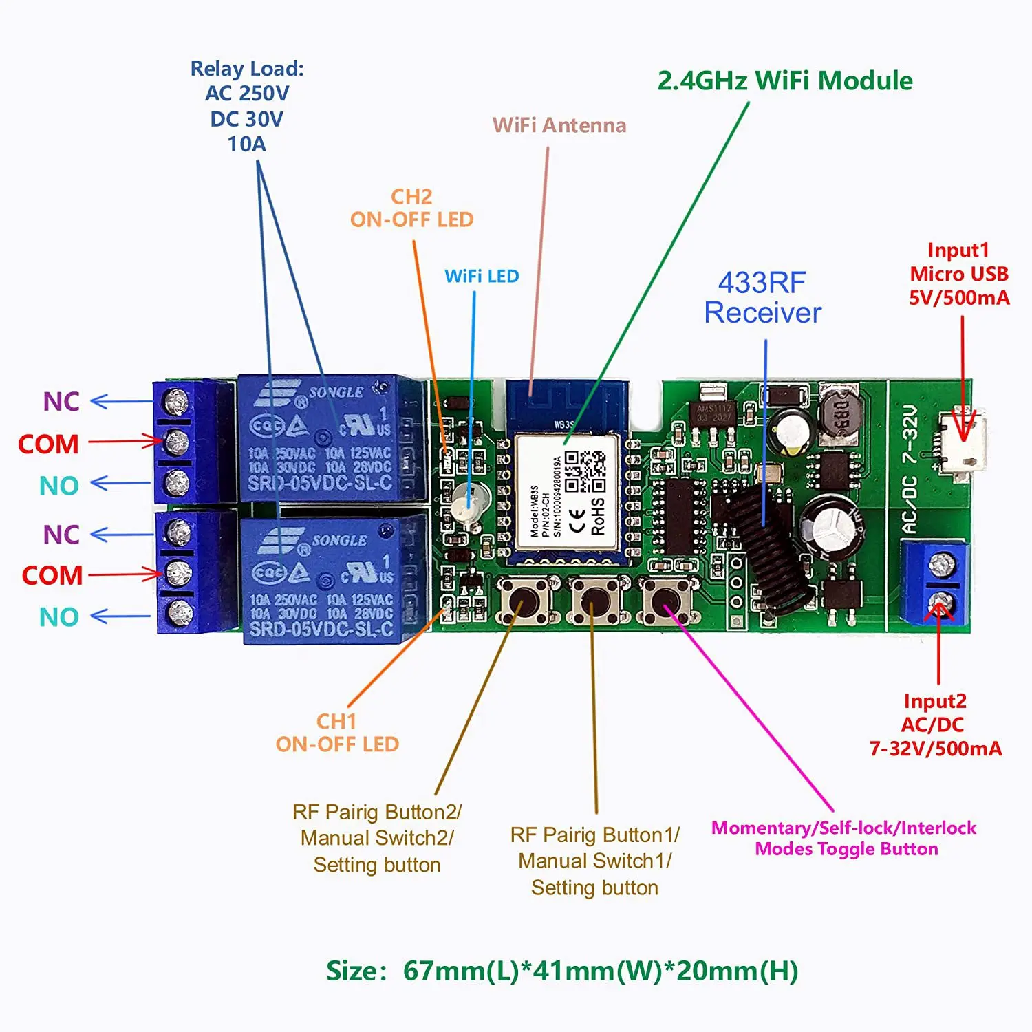 Беспроводной релейный модуль с Wi-Fi 2-канальный дистанционный переключатель 220 В