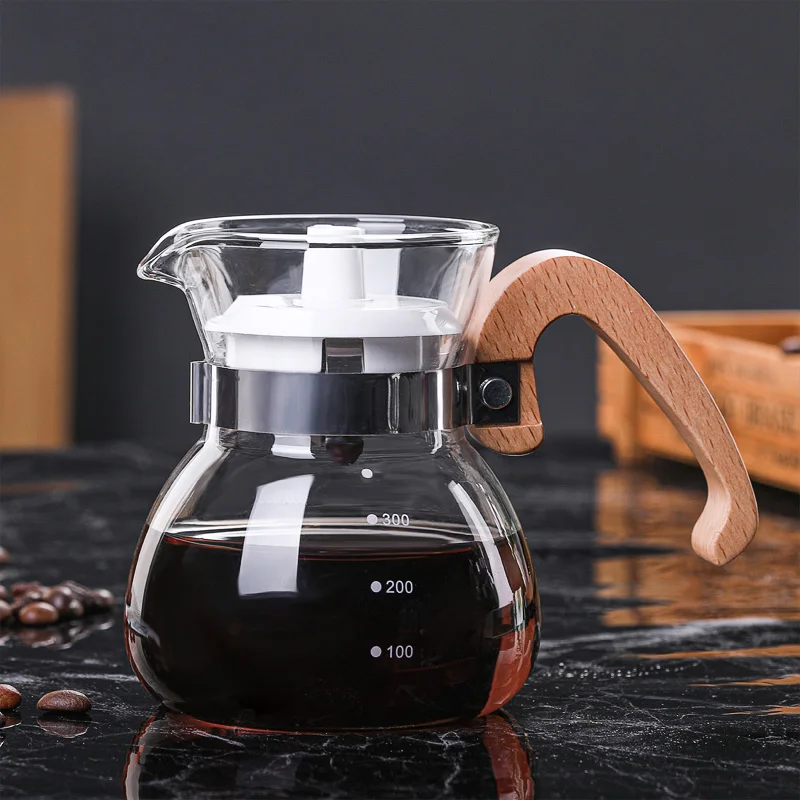 

Lead Free Glass Coffee Server with Wood Handle Glass Hand Brew Coffee Maker Coffee Kettle Pour Over Coffee Pot Set Cafe Pitcher