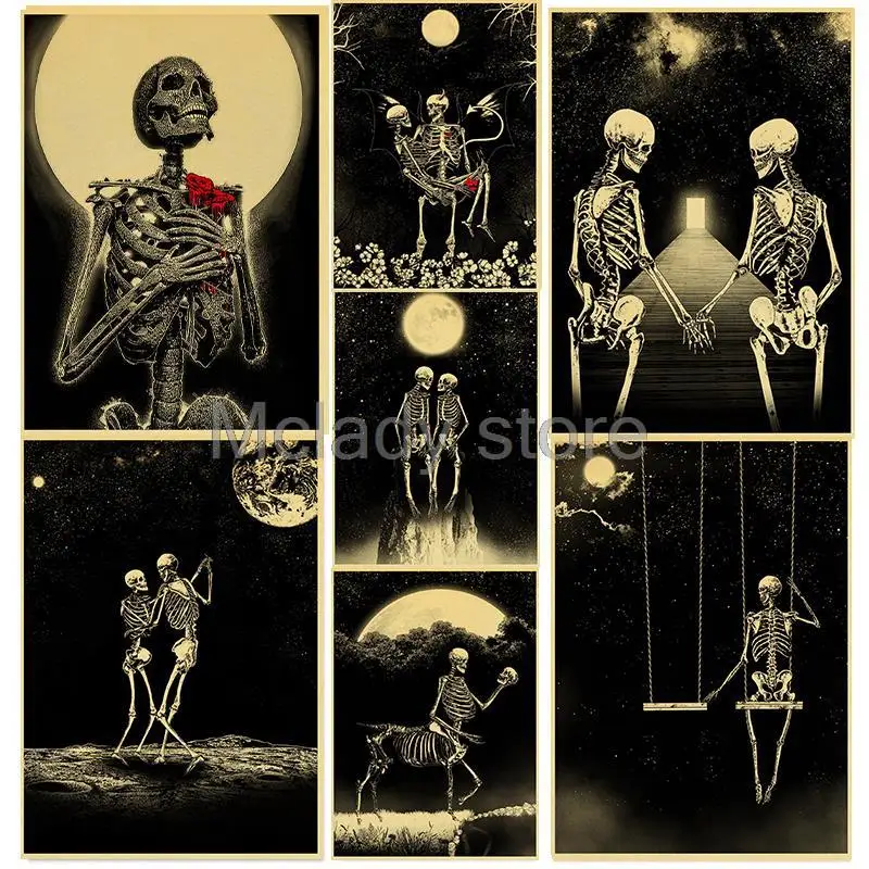 

Simple Skull Love married in love Retro Kraft Paper Poster For Living Room Bar Decoration Stickers Wall Painting