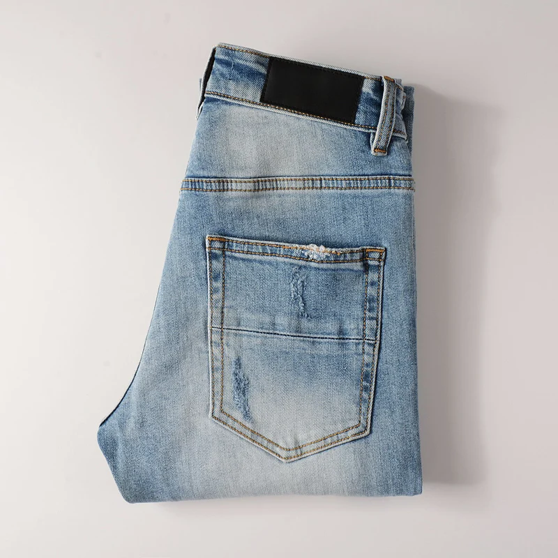 Street Fashion Men Jeans Retro Light Blue Elastic Stretch Skinny Ripped Jeans Men  Patched Designer Hip Hop Brand Pants Hombre
