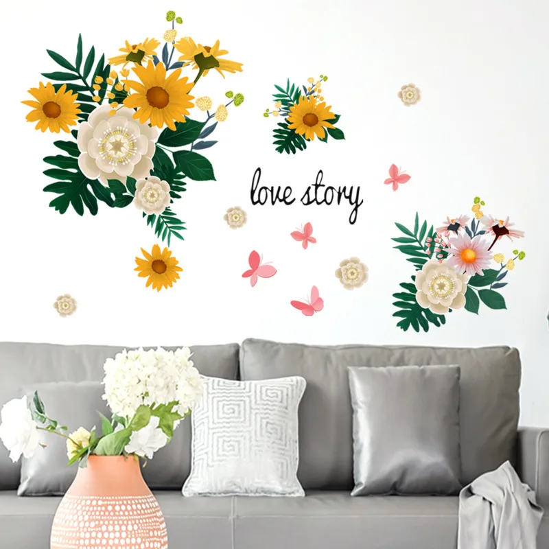 

Beautiful Flower Butterfly English Words Wall Stickers Classic Sunflower Decoration Background Wall Removable DIY Wall Stickers