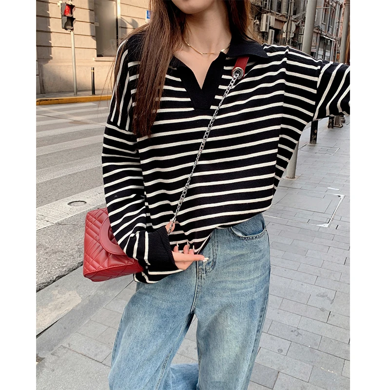 

Striped POLO Collar Long-sleeved Sweater Women's Autumn and Winter Loose Lazy Lapel Sweater Top