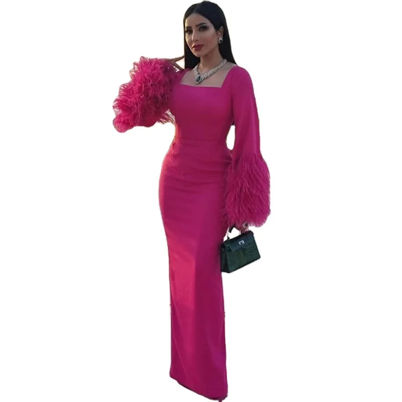 

Fuchsia Elegant Mermaid Satin Feathers Evening Dresses Gowns 2023 For Women Wedding Party