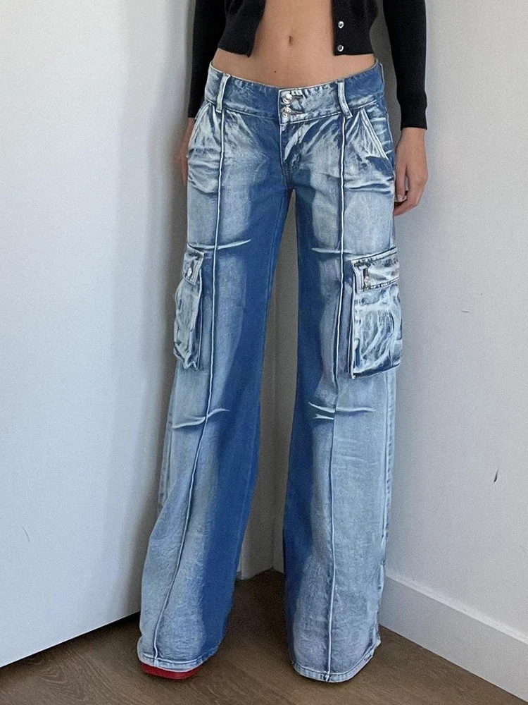 

Retro Y2K 90s Denim Jeans Vintage Pockets Straight Blue Aesthetic Trousers Streetwear Summer Women Denim Clothes