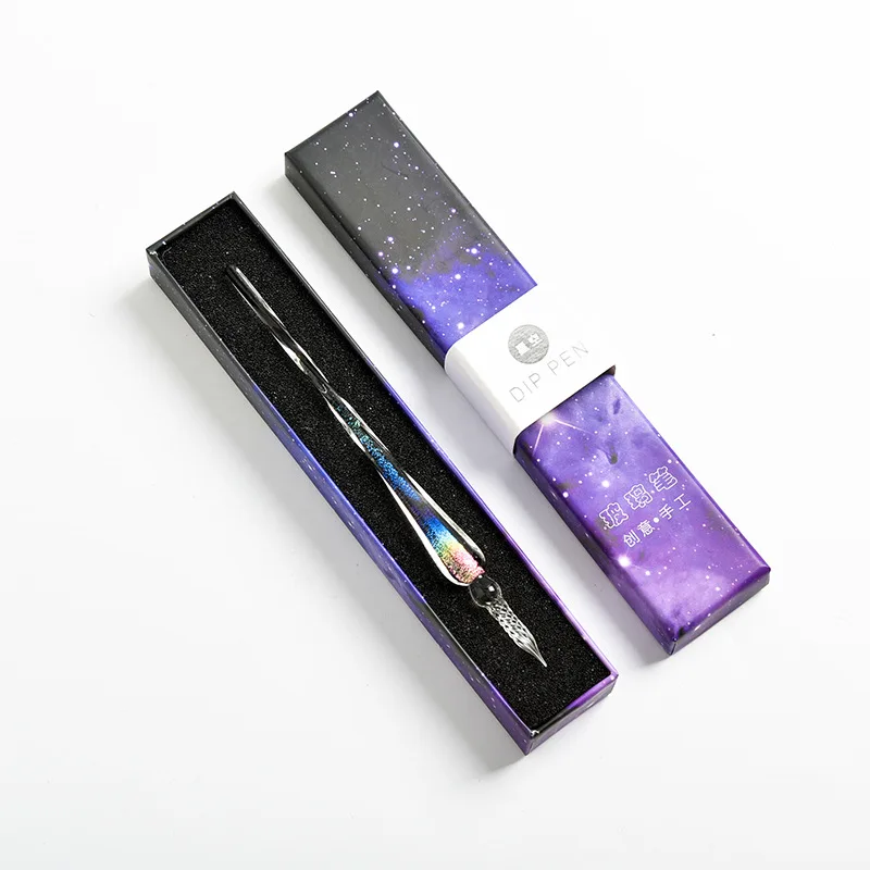 

School prizes children Art glass ink pen Rainbow Pure Handmade Starry Sky Glass Crystal Pen Gift Box glass dip pen