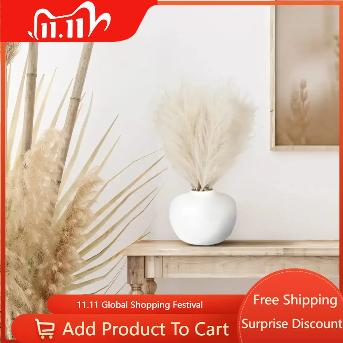 

Free Shipping 14" Artificial Pampas in White Rounded Ceramic Vase