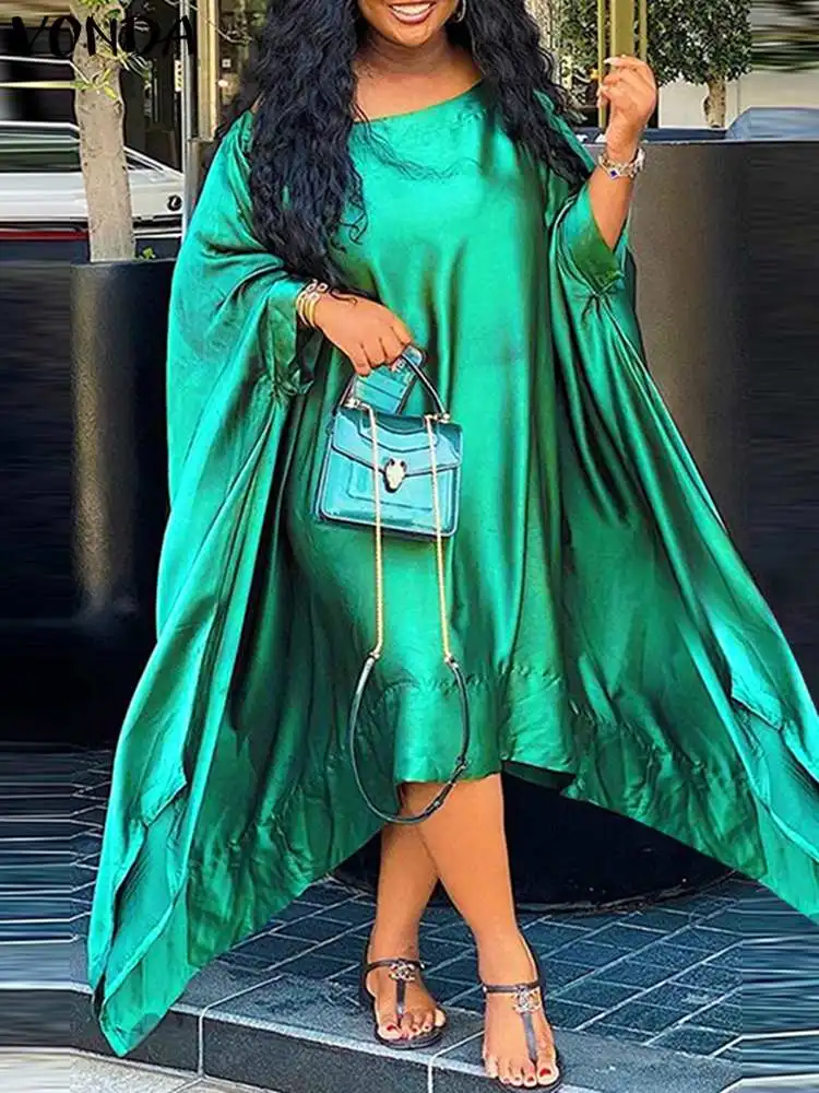 

Fashion VONDA 2022 Oversize Batwing Sleeve Women Vestido Party A-Line Long Maxi Robe Long Sleeve Irregular Hem Holiday Dress