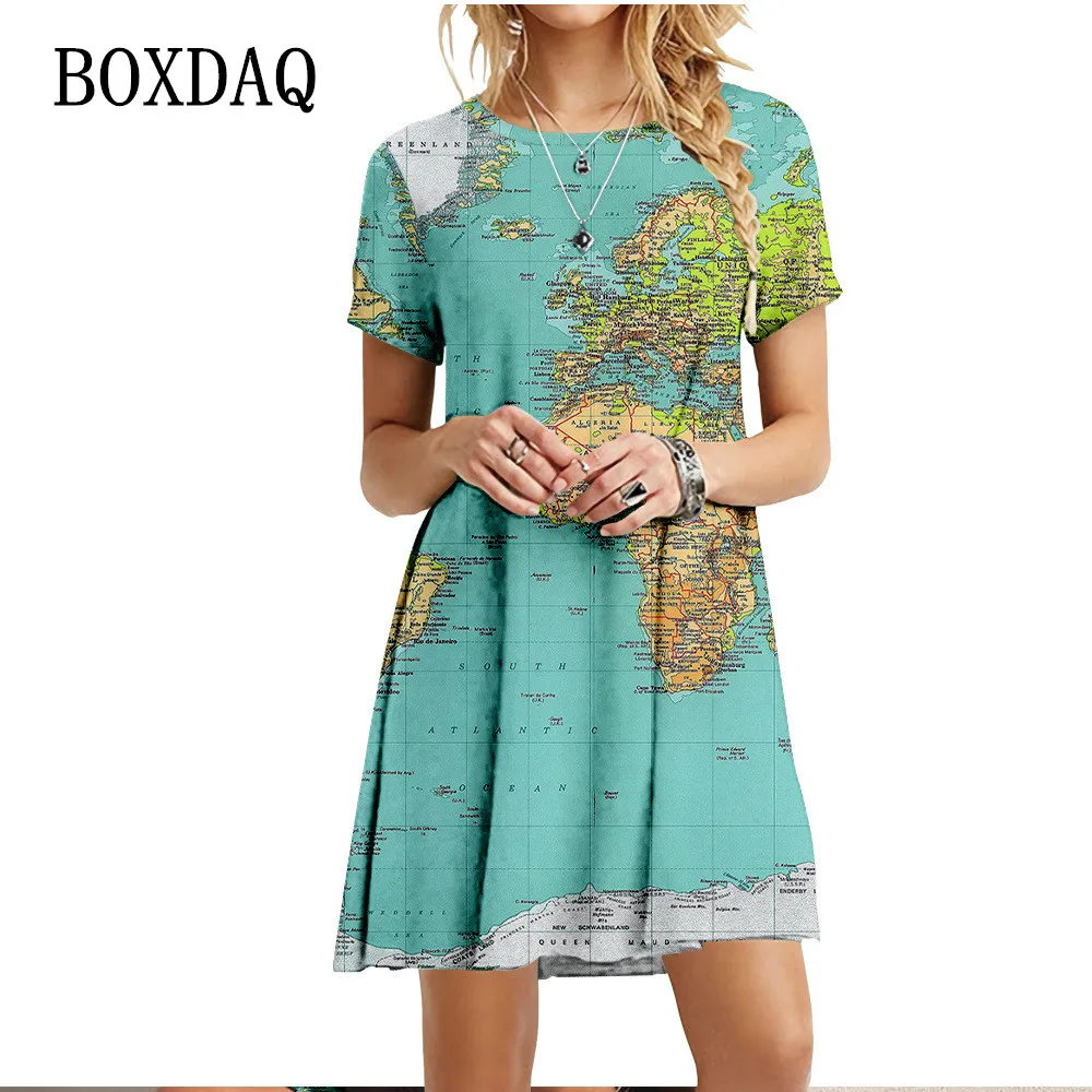 

New Clothing For Summer Women World Map Dress Casual O-Neck Short Sleeve Loose Oversize Dress Fashion Ladies 3D Printed Dresses