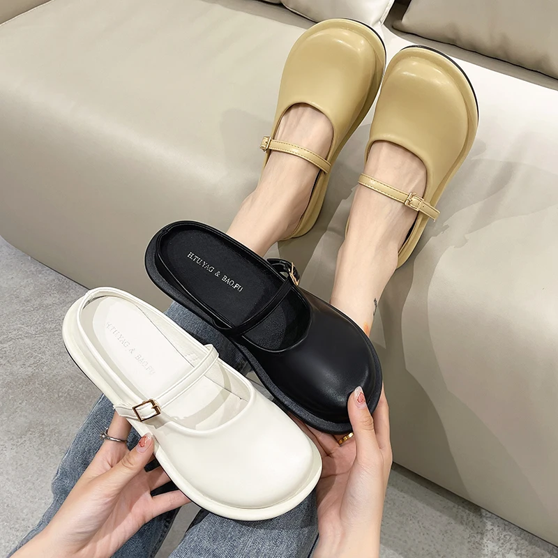 

Shoes Woman 2022 Low Cover Toe Slippers Flat Female Mule Mules Rubber Fabric PU Basic Buckle Strap Slides Mary Janes Shoes Cover
