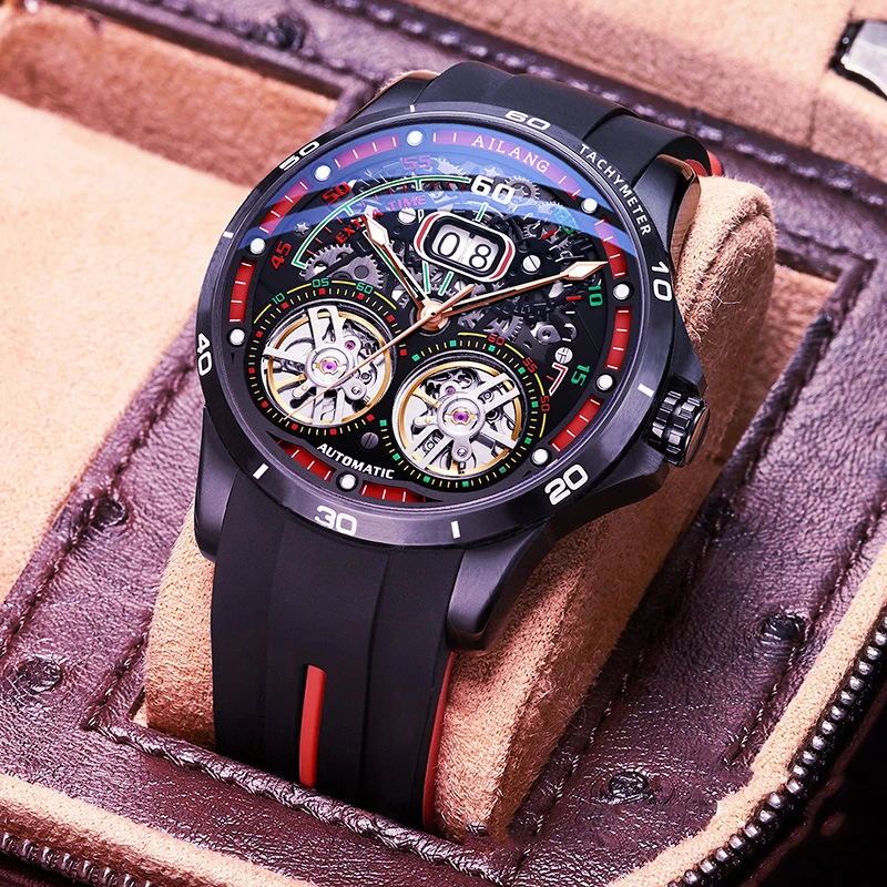 

AILANG New Fashion Double Tourbillon Design Mechanical Watch Men Silicone Strap Waterproof Calendar Steampunk Automatic Watches