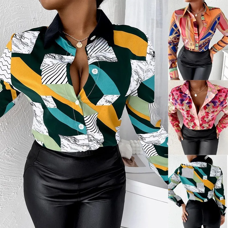 

Spring Summer Women Casual Turn-down Collar Blouse Print Colorblock Buttoned Long Sleeve Shirt 2022 New Woman Hot Sale Shirts