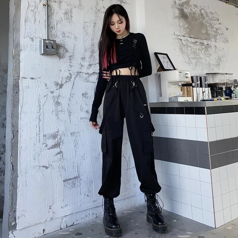 HOUZHOU Black Cargo Pants Women Streetwear Harajuku Gothic High Waist Trousers Techwear Kpop Oversized Autumn Winter Loose Pants