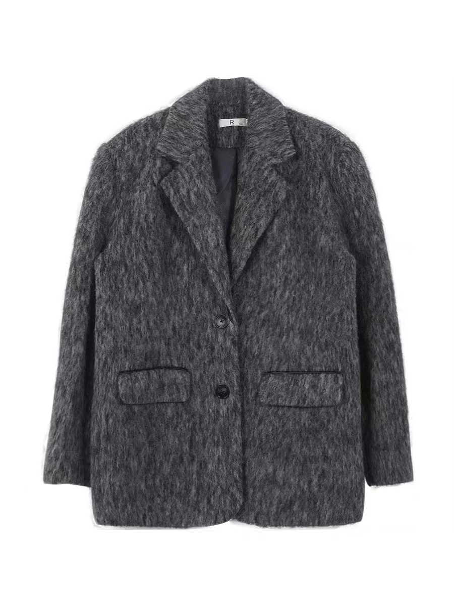 Высококачественное серое шерстяное пальто с наплечниками женское осенне-зимнее