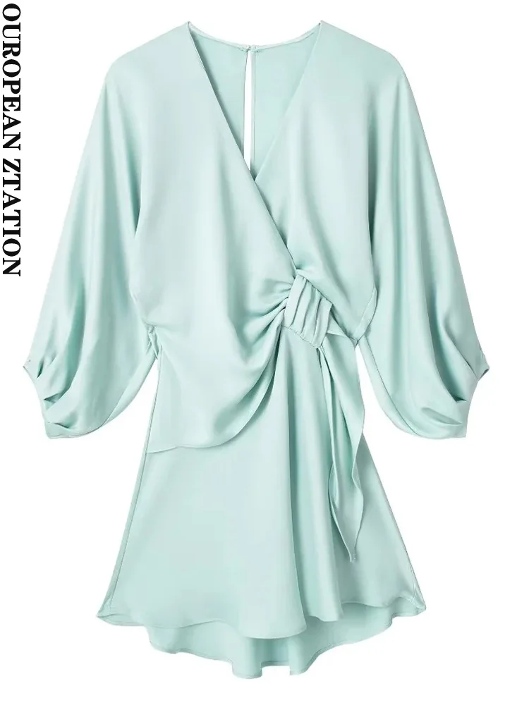 

Модное женское Плиссированное мини-платье PAILETE с узлом спереди, v-образный вырез, пышные рукава, женские платья, vestidos mujer, 2023